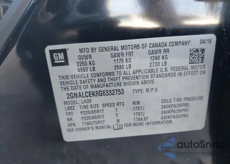 2016 Chevrolet Equinox Lt from USA, damaged, VIN 2GNALCEK8G6332753